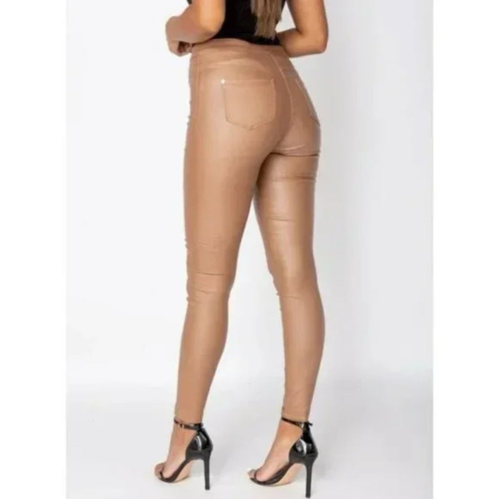 Brown Vegan Leather Faux Leather Coated High Waist Skinny Pants - Picture 7 of 10